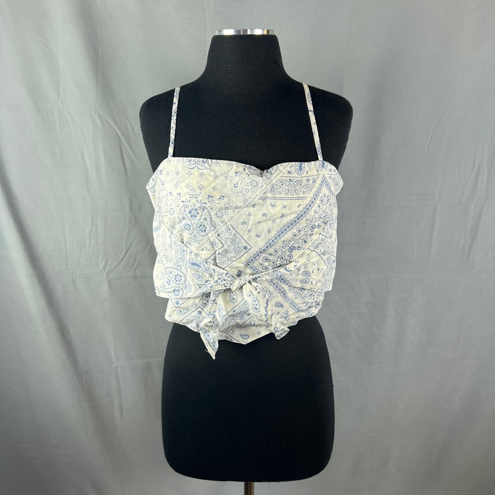 Derek Heart Crop Top Womens XL White Blue Paisley Smocked Back Spaghetti Straps